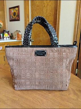 Kate Spade "Tillary" Basketweave Soft Brown Suede/Black Patent Leather Tote Bag